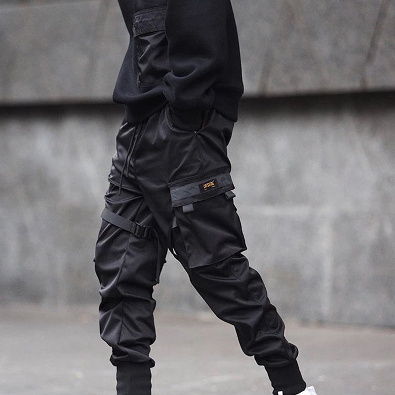 Hot Sale Men Black Hip Hop Cargo Pants Elastic Waist Jogger Trousers Sweatpants Pockets Full Length Casual Fashion