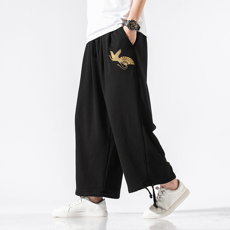 Crane Embroidered Sweatpants