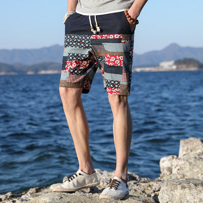 Cotton And Linen Loose Five-point Pants Men's Beach Pants