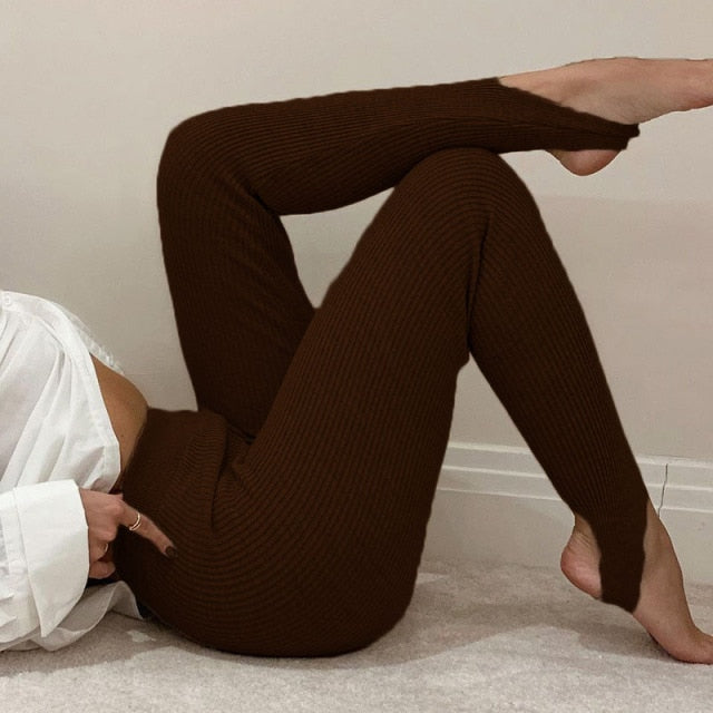 Beige Ribbed Knit Leggings