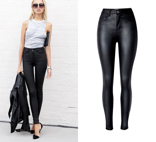 Women High Waist Jeans leather